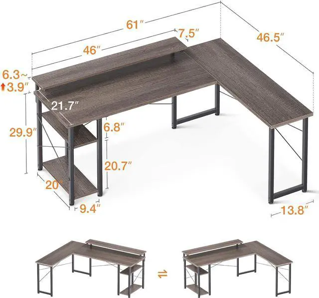Alt view image 3 of 7 - L Shaped Gaming Desk, 61'' Corner Computer Desk with Monitor Stand & Storage Shelf, Sturdy Home Office Desk, Writing Desk Table, Work Desk, Black