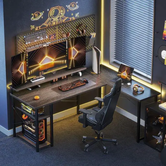 Alt view image 2 of 7 - L Shaped Gaming Desk, 61'' Corner Computer Desk with Monitor Stand & Storage Shelf, Sturdy Home Office Desk, Writing Desk Table, Work Desk, Black