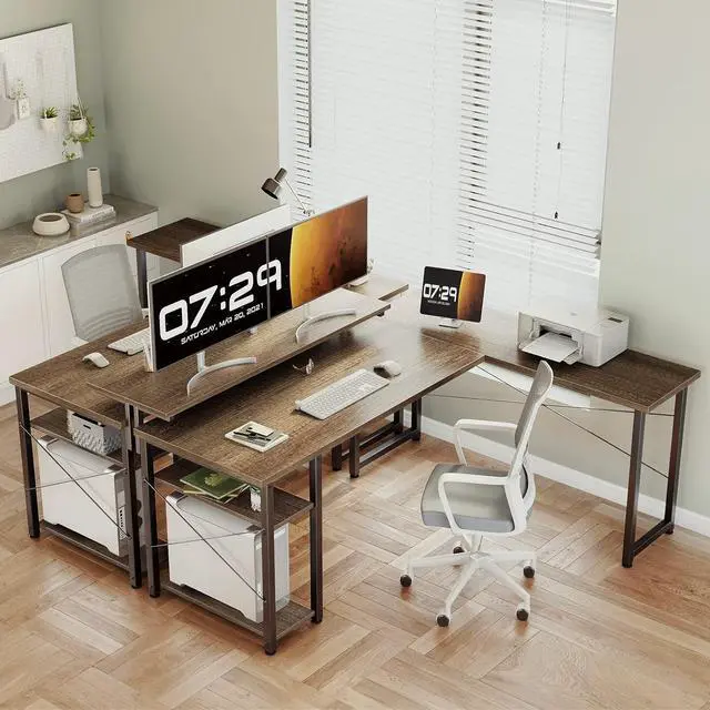 Alt view image 7 of 7 - L Shaped Gaming Desk, 61'' Corner Computer Desk with Monitor Stand & Storage Shelf, Sturdy Home Office Desk, Writing Desk Table, Work Desk, Black