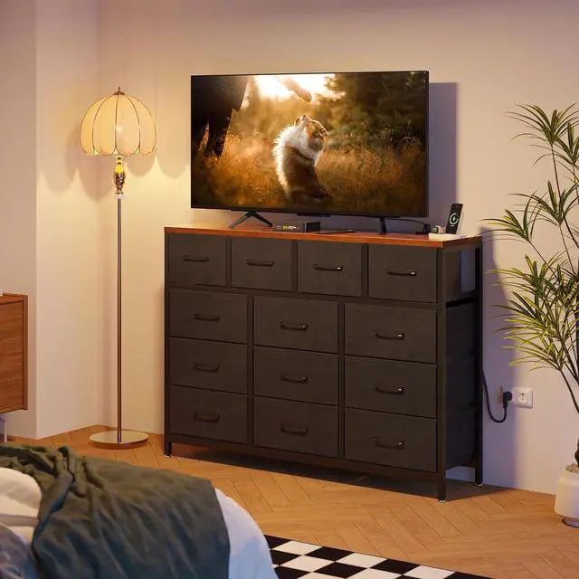 Alt view image 2 of 7 - Long Dresser with 3 Outlets and 2 USB Charging Ports, 57'' Wide TV Stand with 13 Large Drawers, Chest of Drawers Easy-Pull Fabric Dresser for Bedroom, Living Room, Hallway, Black and Vintage