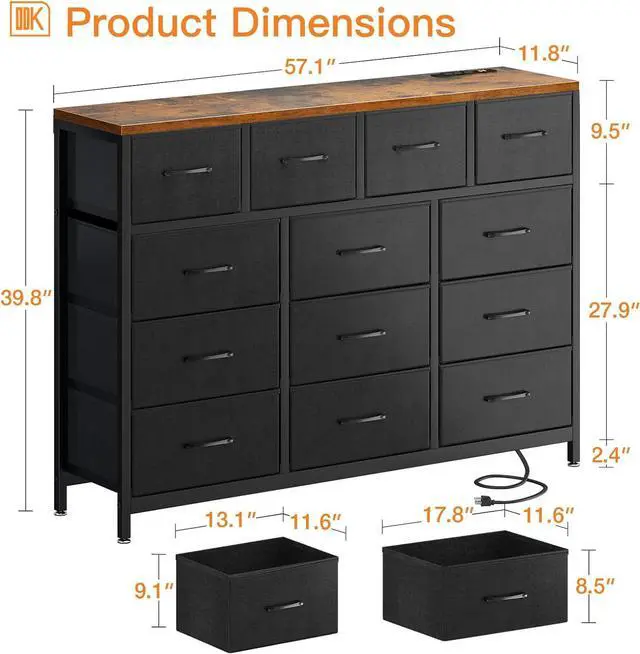 Alt view image 3 of 7 - Long Dresser with 3 Outlets and 2 USB Charging Ports, 57'' Wide TV Stand with 13 Large Drawers, Chest of Drawers Easy-Pull Fabric Dresser for Bedroom, Living Room, Hallway, Black and Vintage
