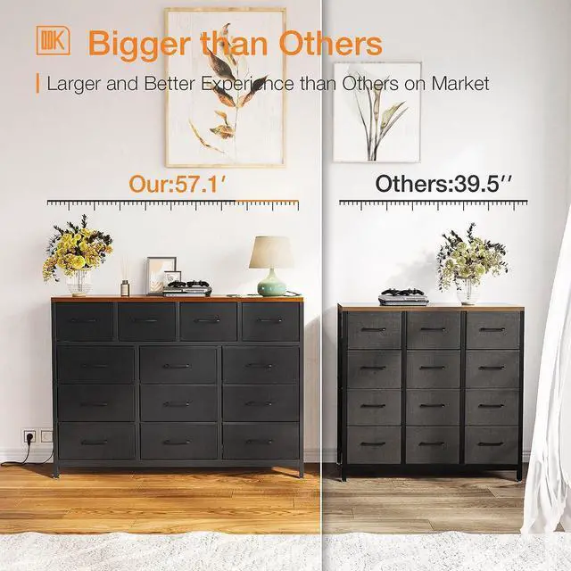 Alt view image 5 of 7 - Long Dresser with 3 Outlets and 2 USB Charging Ports, 57'' Wide TV Stand with 13 Large Drawers, Chest of Drawers Easy-Pull Fabric Dresser for Bedroom, Living Room, Hallway, Black and Vintage
