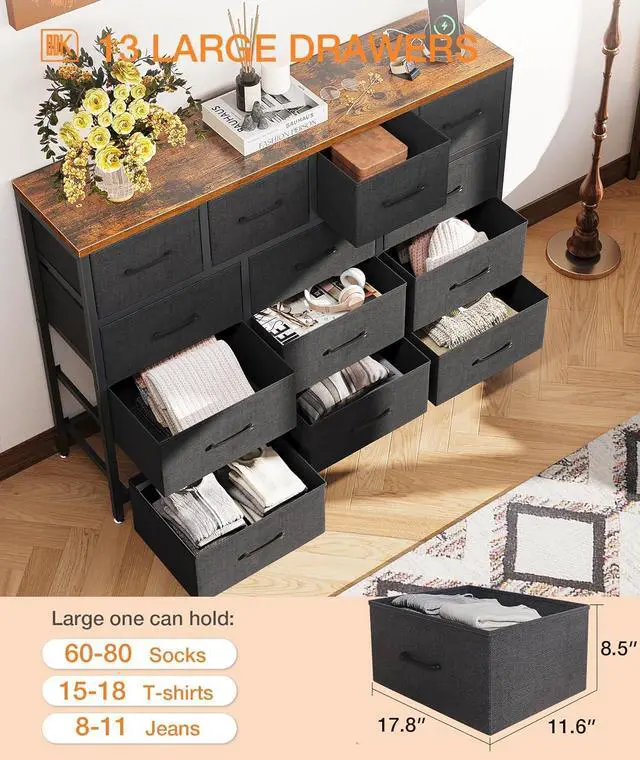 Alt view image 6 of 7 - Long Dresser with 3 Outlets and 2 USB Charging Ports, 57'' Wide TV Stand with 13 Large Drawers, Chest of Drawers Easy-Pull Fabric Dresser for Bedroom, Living Room, Hallway, Black and Vintage