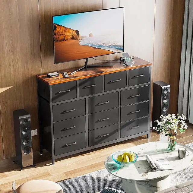 Alt view image 7 of 7 - Long Dresser with 3 Outlets and 2 USB Charging Ports, 57'' Wide TV Stand with 13 Large Drawers, Chest of Drawers Easy-Pull Fabric Dresser for Bedroom, Living Room, Hallway, Black and Vintage