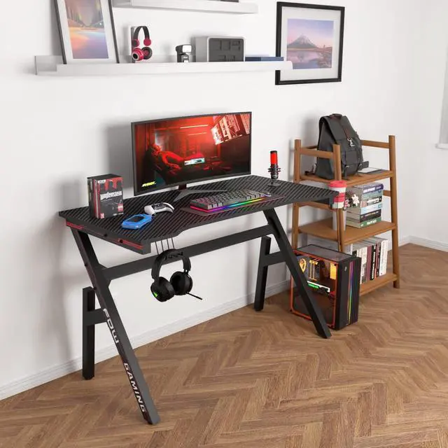 Alt view image 4 of 7 - Gaming Desk Computer Desk 47 Inch Home Office Desk Extra Large Modern Ergonomic Black PC Carbon Fiber Table Gamer Workstation with Cup Holder Headphone Hook