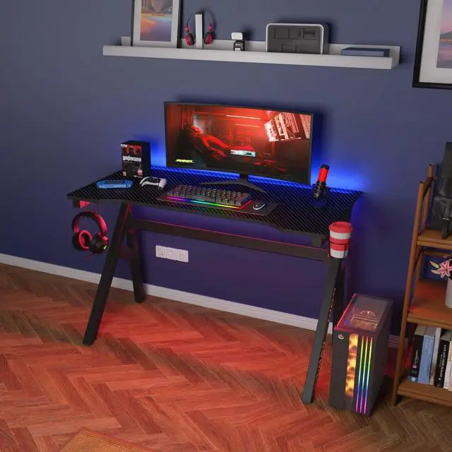 Alt view image 2 of 7 - Gaming Desk Computer Desk 47 Inch Home Office Desk Extra Large Modern Ergonomic Black PC Carbon Fiber Table Gamer Workstation with Cup Holder Headphone Hook