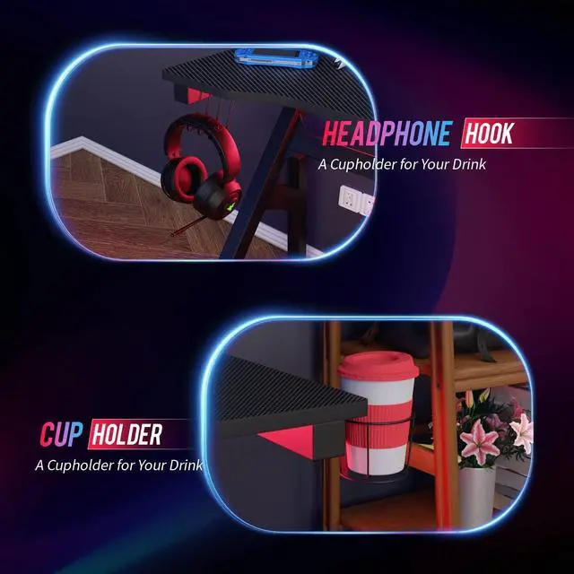 Alt view image 6 of 7 - Gaming Desk Computer Desk 47 Inch Home Office Desk Extra Large Modern Ergonomic Black PC Carbon Fiber Table Gamer Workstation with Cup Holder Headphone Hook