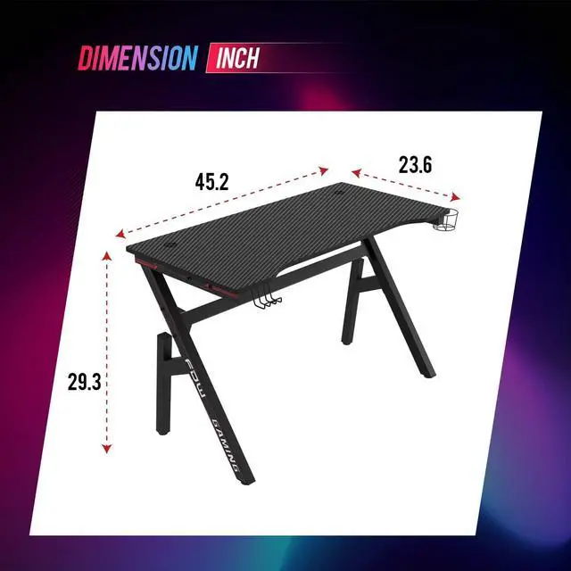 Alt view image 3 of 7 - Gaming Desk Computer Desk 47 Inch Home Office Desk Extra Large Modern Ergonomic Black PC Carbon Fiber Table Gamer Workstation with Cup Holder Headphone Hook