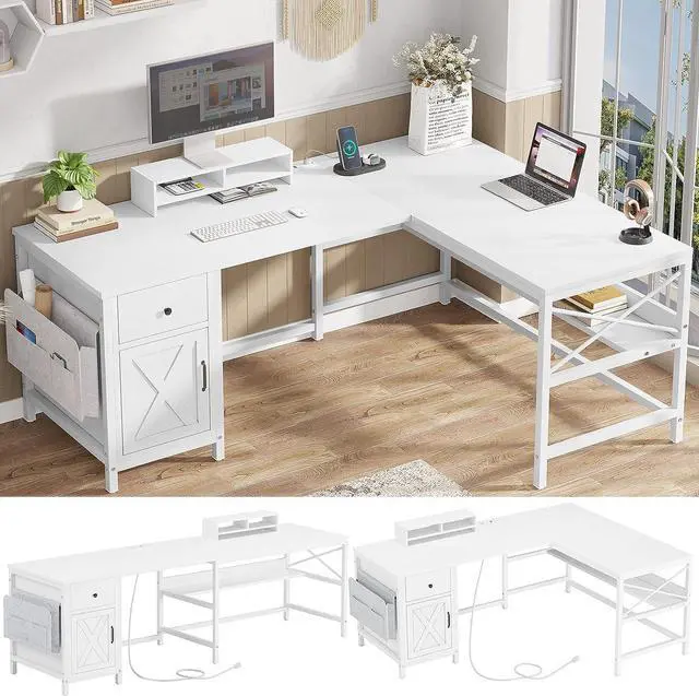Main image of L Shaped Computer Desk, Convertible 86.6" Home Office Desk or Corner Desk, L Office Desk with Drawer, Power Strip, Storage Cabinet, Monitor Stand & Storage Bag, White