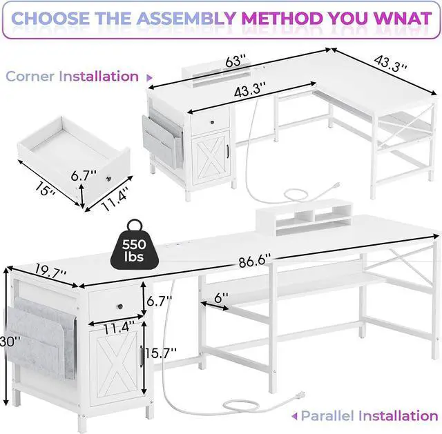 Alt view image 6 of 7 - L Shaped Computer Desk, Convertible 86.6" Home Office Desk or Corner Desk, L Office Desk with Drawer, Power Strip, Storage Cabinet, Monitor Stand & Storage Bag, White