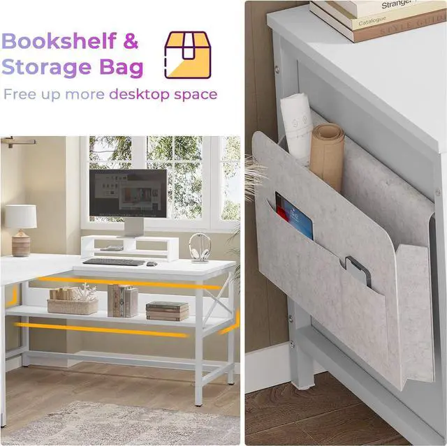 Alt view image 7 of 7 - L Shaped Computer Desk, Convertible 86.6" Home Office Desk or Corner Desk, L Office Desk with Drawer, Power Strip, Storage Cabinet, Monitor Stand & Storage Bag, White