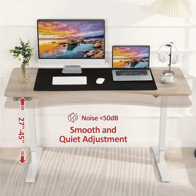 Alt view image 5 of 7 - 55 x 24 inch Standing Desk Electric Adjustable Height with Charging Station, Stand up Desk with Oversized Mouse Pad, Ergonomic Curved Workstation, 4 Caster, 4 Preset Heights Easy to Set