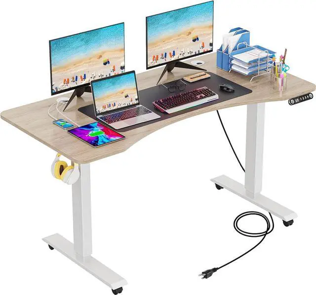 Main image of 55 x 24 inch Standing Desk Electric Adjustable Height with Charging Station, Stand up Desk with Oversized Mouse Pad, Ergonomic Curved Workstation, 4 Caster, 4 Preset Heights Easy to Set