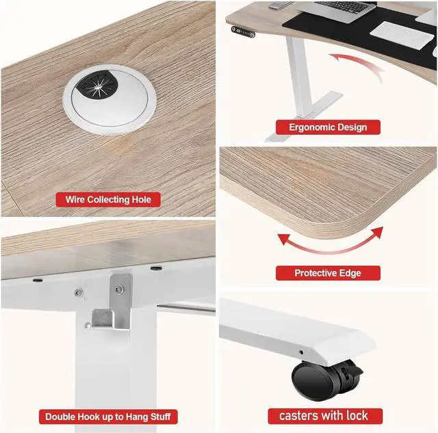 Alt view image 6 of 7 - 55 x 24 inch Standing Desk Electric Adjustable Height with Charging Station, Stand up Desk with Oversized Mouse Pad, Ergonomic Curved Workstation, 4 Caster, 4 Preset Heights Easy to Set