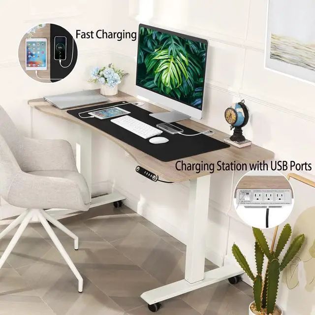 Alt view image 3 of 7 - 55 x 24 inch Standing Desk Electric Adjustable Height with Charging Station, Stand up Desk with Oversized Mouse Pad, Ergonomic Curved Workstation, 4 Caster, 4 Preset Heights Easy to Set