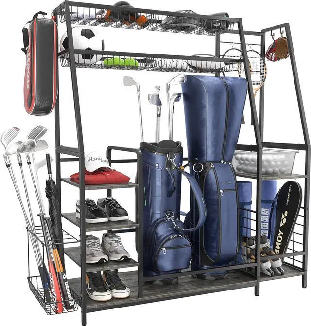 Main image of Golf Storage Garage Organizer Fits for 2 Golf Bags, Large Golf Equipment Storage Rack with Baskets and Hooks, Sturdy Steel Wood Golf Accessories for Clubs, Garage, Basement