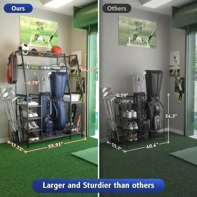 Alt view image 2 of 7 - Golf Storage Garage Organizer Fits for 2 Golf Bags, Large Golf Equipment Storage Rack with Baskets and Hooks, Sturdy Steel Wood Golf Accessories for Clubs, Garage, Basement