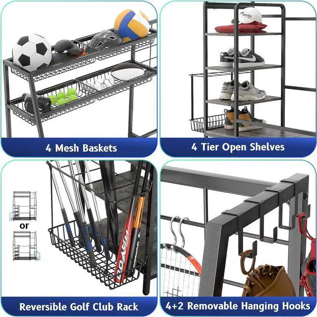 Alt view image 3 of 7 - Golf Storage Garage Organizer Fits for 2 Golf Bags, Large Golf Equipment Storage Rack with Baskets and Hooks, Sturdy Steel Wood Golf Accessories for Clubs, Garage, Basement