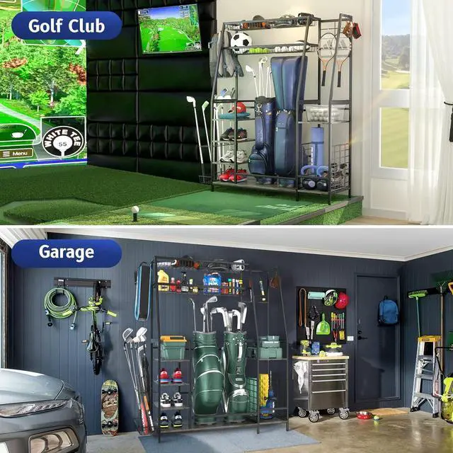 Alt view image 4 of 7 - Golf Storage Garage Organizer Fits for 2 Golf Bags, Large Golf Equipment Storage Rack with Baskets and Hooks, Sturdy Steel Wood Golf Accessories for Clubs, Garage, Basement