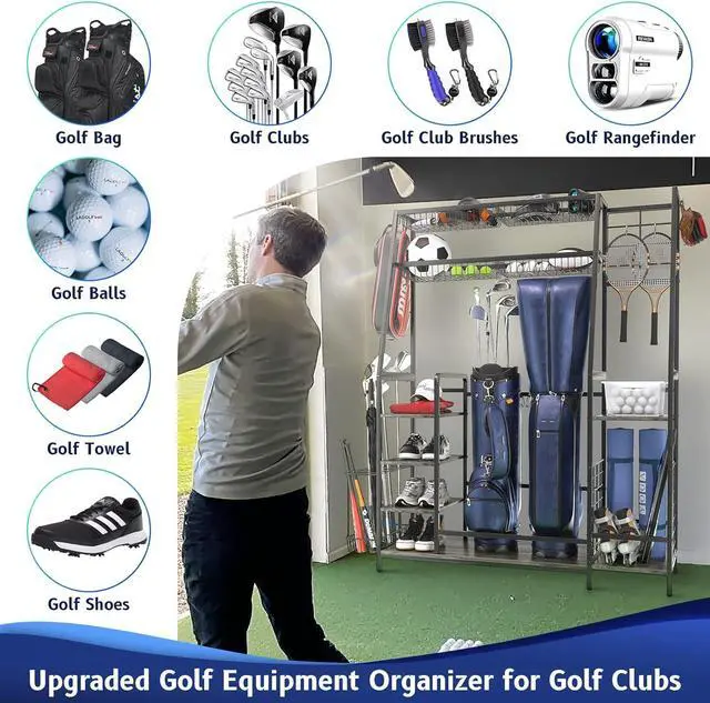 Alt view image 5 of 7 - Golf Storage Garage Organizer Fits for 2 Golf Bags, Large Golf Equipment Storage Rack with Baskets and Hooks, Sturdy Steel Wood Golf Accessories for Clubs, Garage, Basement