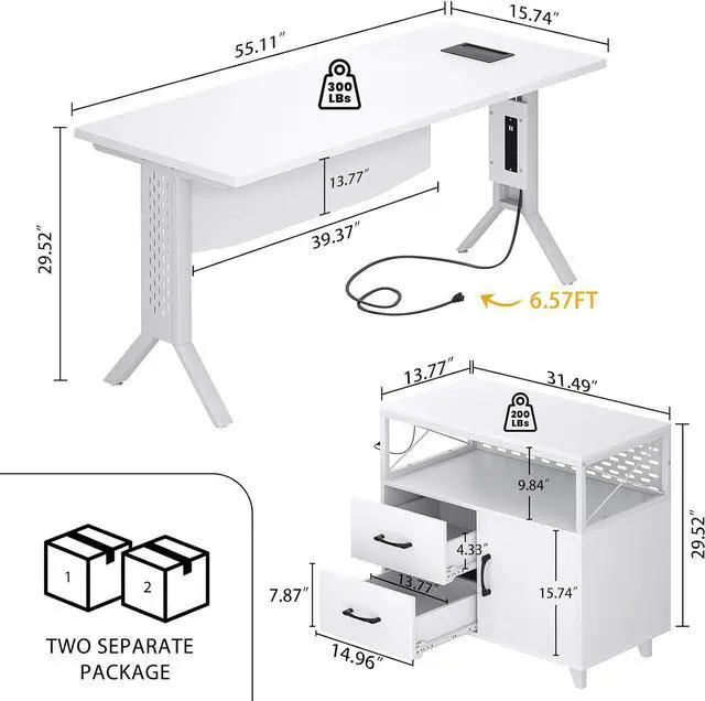 Alt view image 2 of 6 - L Shaped Office Desk with Storage Cabinet and Recessed Power Strip LED Strip, 55 Inch Thickened Heavy Duty Executive Computer Desk with 2 Drawers and 1 Door Cabinet, White