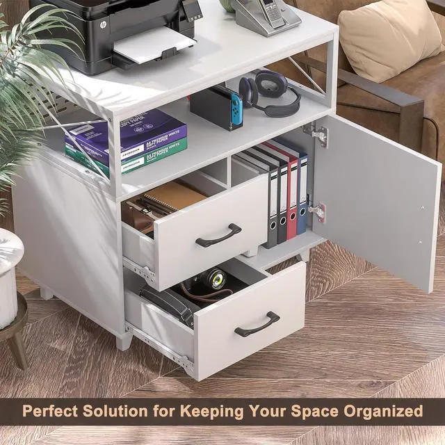 Alt view image 4 of 6 - L Shaped Office Desk with Storage Cabinet and Recessed Power Strip LED Strip, 55 Inch Thickened Heavy Duty Executive Computer Desk with 2 Drawers and 1 Door Cabinet, White