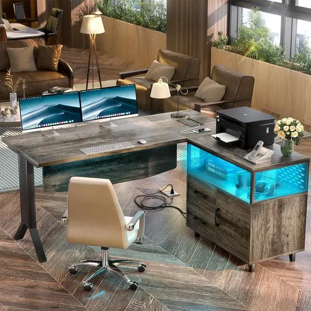 Alt view image 2 of 6 - L Shaped Office Desk with Storage Cabinet and Recessed Power Strip LED Strip, 55 Inch Thickened Heavy Duty Executive Computer Desk with 2 Drawers and 1 Door Cabinet, Black Oak F15