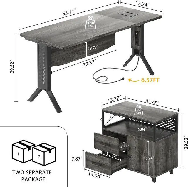 Alt view image 3 of 6 - L Shaped Office Desk with Storage Cabinet and Recessed Power Strip LED Strip, 55 Inch Thickened Heavy Duty Executive Computer Desk with 2 Drawers and 1 Door Cabinet, Black Oak F15