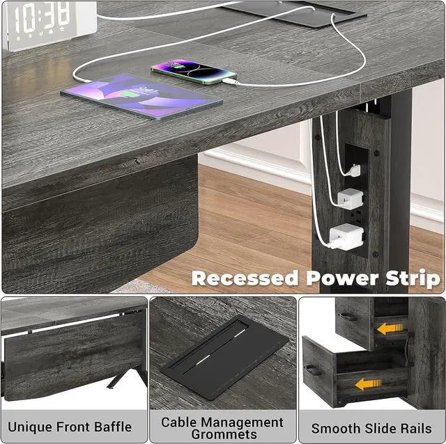 Alt view image 4 of 6 - L Shaped Office Desk with Storage Cabinet and Recessed Power Strip LED Strip, 55 Inch Thickened Heavy Duty Executive Computer Desk with 2 Drawers and 1 Door Cabinet, Black Oak F15