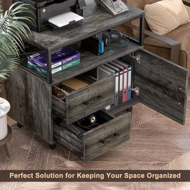 Alt view image 5 of 6 - L Shaped Office Desk with Storage Cabinet and Recessed Power Strip LED Strip, 55 Inch Thickened Heavy Duty Executive Computer Desk with 2 Drawers and 1 Door Cabinet, Black Oak F15