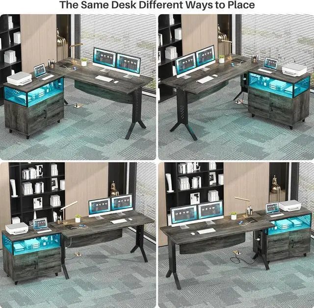 Alt view image 6 of 6 - L Shaped Office Desk with Storage Cabinet and Recessed Power Strip LED Strip, 55 Inch Thickened Heavy Duty Executive Computer Desk with 2 Drawers and 1 Door Cabinet, Black Oak F15