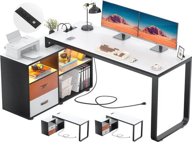 Main image of L Shaped Desk with File Cabinet & Power Outlet, Reversible 55 Inch Large Corner Computer Desks with LED Strip, L-Shaped Computer Desk with Drawers and Storage Shelves, White & Black