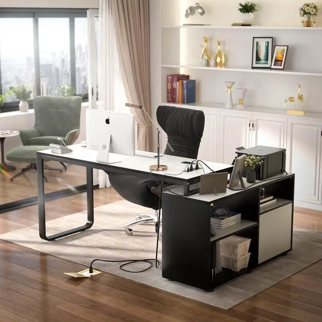 Alt view image 2 of 6 - L Shaped Desk with File Cabinet & Power Outlet, Reversible 55 Inch Large Corner Computer Desks with LED Strip, L-Shaped Computer Desk with Drawers and Storage Shelves, White & Black