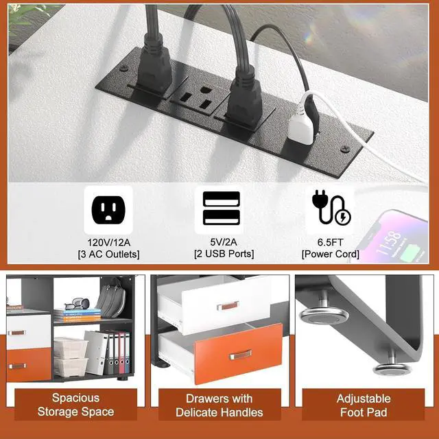 Alt view image 3 of 6 - L Shaped Desk with File Cabinet & Power Outlet, Reversible 55 Inch Large Corner Computer Desks with LED Strip, L-Shaped Computer Desk with Drawers and Storage Shelves, White & Black