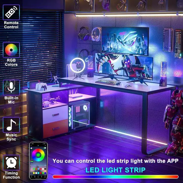 Alt view image 4 of 6 - L Shaped Desk with File Cabinet & Power Outlet, Reversible 55 Inch Large Corner Computer Desks with LED Strip, L-Shaped Computer Desk with Drawers and Storage Shelves, White & Black