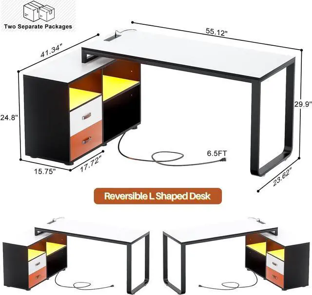 Alt view image 6 of 6 - L Shaped Desk with File Cabinet & Power Outlet, Reversible 55 Inch Large Corner Computer Desks with LED Strip, L-Shaped Computer Desk with Drawers and Storage Shelves, White & Black