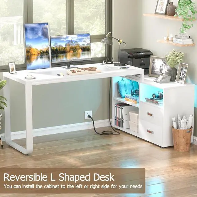 Alt view image 2 of 6 - L Shaped Desk with File Cabinet & Power Outlet, Reversible 55 Inch Large Corner Computer Desks with LED Strip, L-Shaped Desk with Drawers and Storage Shelves for Home Office, White