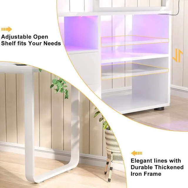 Alt view image 5 of 6 - L Shaped Desk with File Cabinet & Power Outlet, Reversible 55 Inch Large Corner Computer Desks with LED Strip, L-Shaped Desk with Drawers and Storage Shelves for Home Office, White