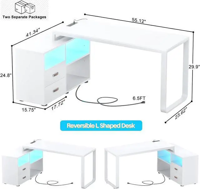 Alt view image 6 of 6 - L Shaped Desk with File Cabinet & Power Outlet, Reversible 55 Inch Large Corner Computer Desks with LED Strip, L-Shaped Desk with Drawers and Storage Shelves for Home Office, White