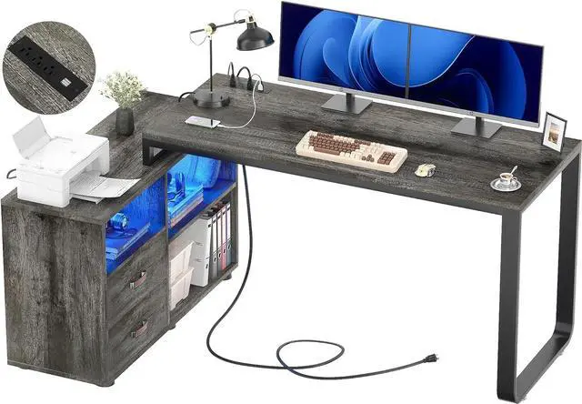 Main image of L Shaped Desk with File Cabinet & Power Outlet, Reversible 55 Inch Large Corner Computer Desks with LED Strip, L-Shaped Computer Desk with Drawers and Storage Shelves, Grey