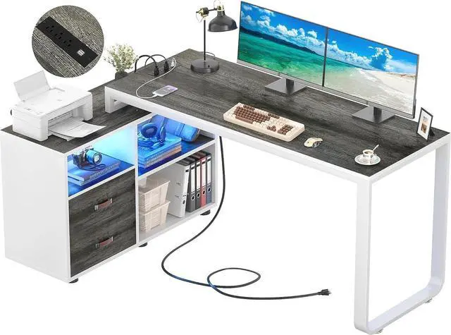 Main image of L Shaped Desk with File Cabinet & Power Outlet, Reversible 55 Inch Large Corner Computer Desks with LED Strip, L-Shaped Computer Desk with Drawers and Storage Shelves, Grey & White