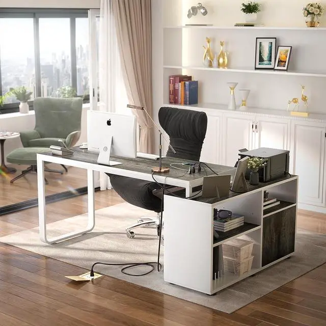 Alt view image 2 of 6 - L Shaped Desk with File Cabinet & Power Outlet, Reversible 55 Inch Large Corner Computer Desks with LED Strip, L-Shaped Computer Desk with Drawers and Storage Shelves, Grey & White