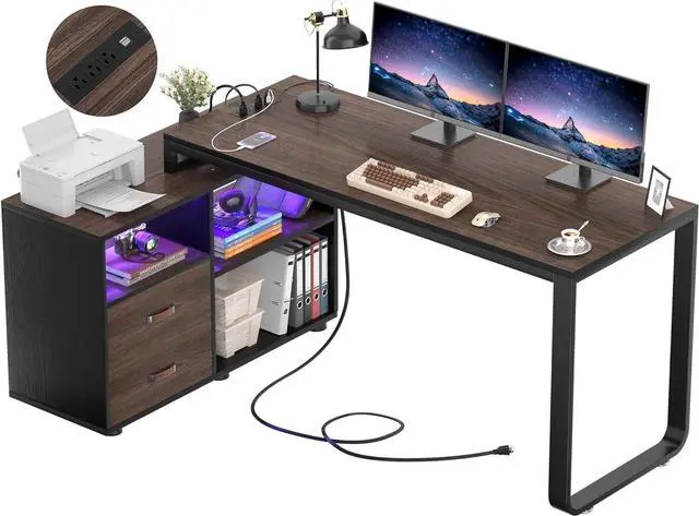 Main image of L Shaped Desk with File Cabinet & Power Outlet, Reversible 55 Inch Large Corner Computer Desks with LED Strip, L-Shaped Computer Desk with Drawers and Storage Shelves, Grey & White