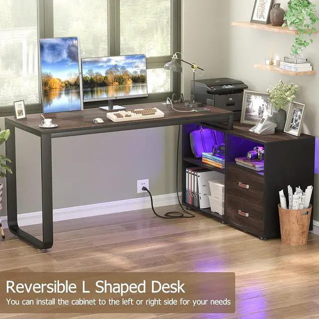 Alt view image 4 of 7 - L Shaped Desk with File Cabinet & Power Outlet, Reversible 55 Inch Large Corner Computer Desks with LED Strip, L-Shaped Computer Desk with Drawers and Storage Shelves, Grey & White