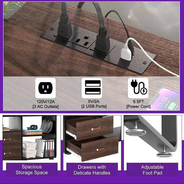 Alt view image 5 of 7 - L Shaped Desk with File Cabinet & Power Outlet, Reversible 55 Inch Large Corner Computer Desks with LED Strip, L-Shaped Computer Desk with Drawers and Storage Shelves, Grey & White