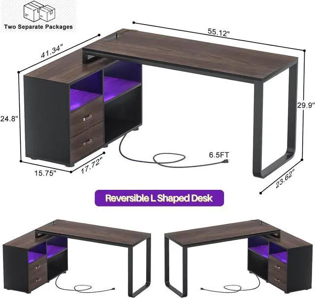 Alt view image 3 of 7 - L Shaped Desk with File Cabinet & Power Outlet, Reversible 55 Inch Large Corner Computer Desks with LED Strip, L-Shaped Computer Desk with Drawers and Storage Shelves, Grey & White