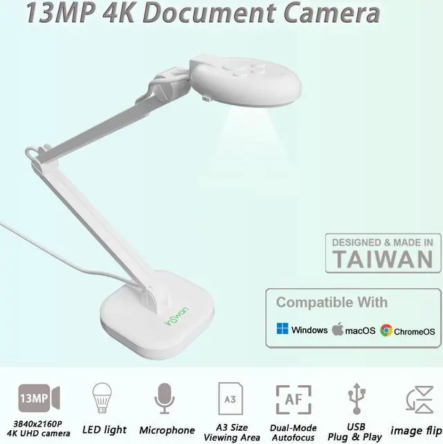 Alt view image 3 of 6 - INS-2 USB Document Camera  13MP 4K Ultra HD A3-Size Capture, Dual-Mode Autofocus, LED Light, Microphone; Mac OS, Windows, Chromebook Compatible for Remote Teaching, Web Conferencing, Live Demo