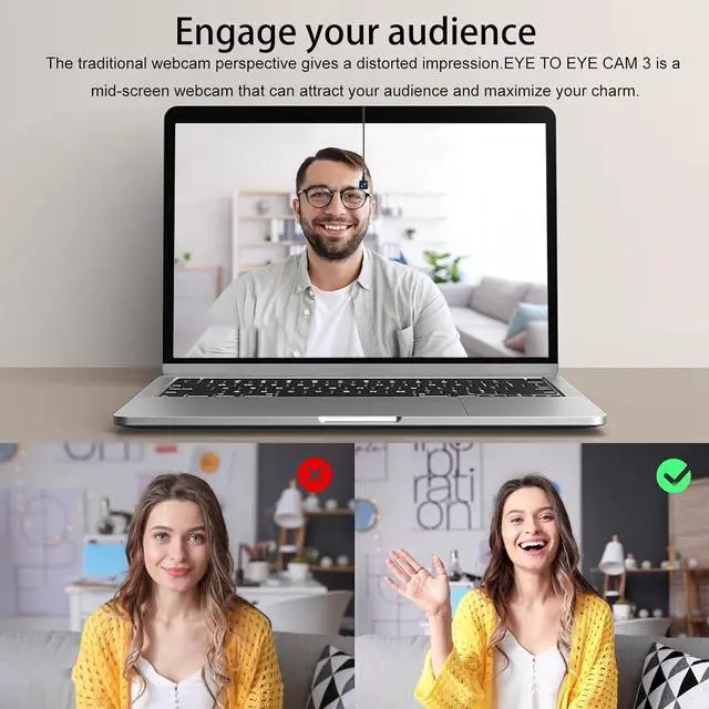 Alt view image 2 of 7 - Eye to Cam 3 Webcam 4K with Suction Cup Fixed in The Middle Screen, 8MP IMX179 CMOS, Zoom Lens Auto Focus Camera, Create a Positive Connection in Every Calls/Conferencing.