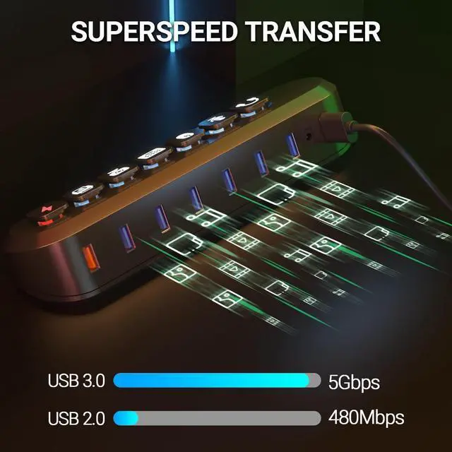 Alt view image 4 of 7 - Powered USB Hub, atolla 7-Port USB 3.0 hub (6 Superspeed Transfer Ports+ 1 Fast Charging Port) with Swappable Illuminated Icon Switch and 12V/3A Power Adapter for Windows, MacOS, ChromeOS, Linux