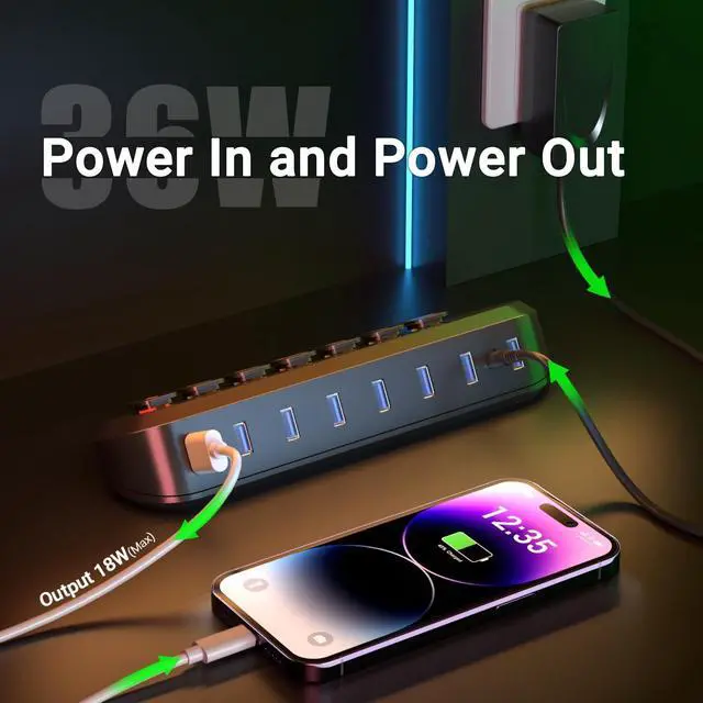 Alt view image 7 of 7 - Powered USB Hub, atolla 7-Port USB 3.0 hub (6 Superspeed Transfer Ports+ 1 Fast Charging Port) with Swappable Illuminated Icon Switch and 12V/3A Power Adapter for Windows, MacOS, ChromeOS, Linux